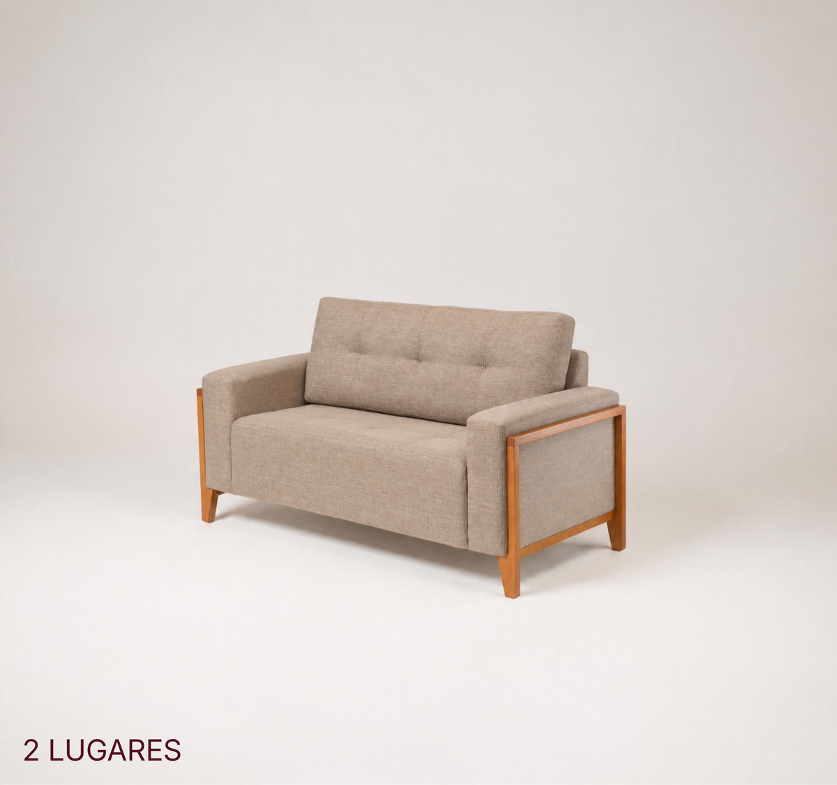 Sofá Luma 2 Lugares com Pés e Detalhe no Braço em Madeira Maciça